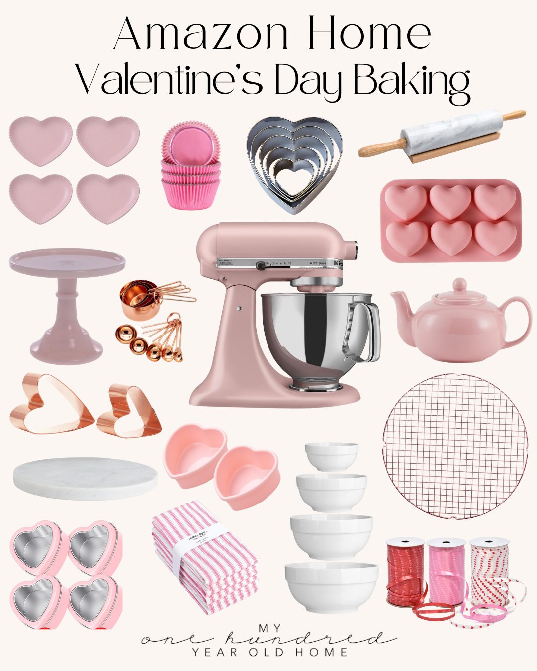 Collage of pink and heart-themed baking tools for Valentine's Day ideas, including a mixer, rolling pin, cookie cutters, cake stand, bowls, teapot, and more.