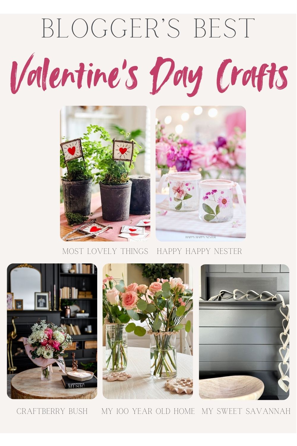 Collage of Valentine's Day craft ideas featuring floral decorations, potted plants, and heart-themed designs from various bloggers.