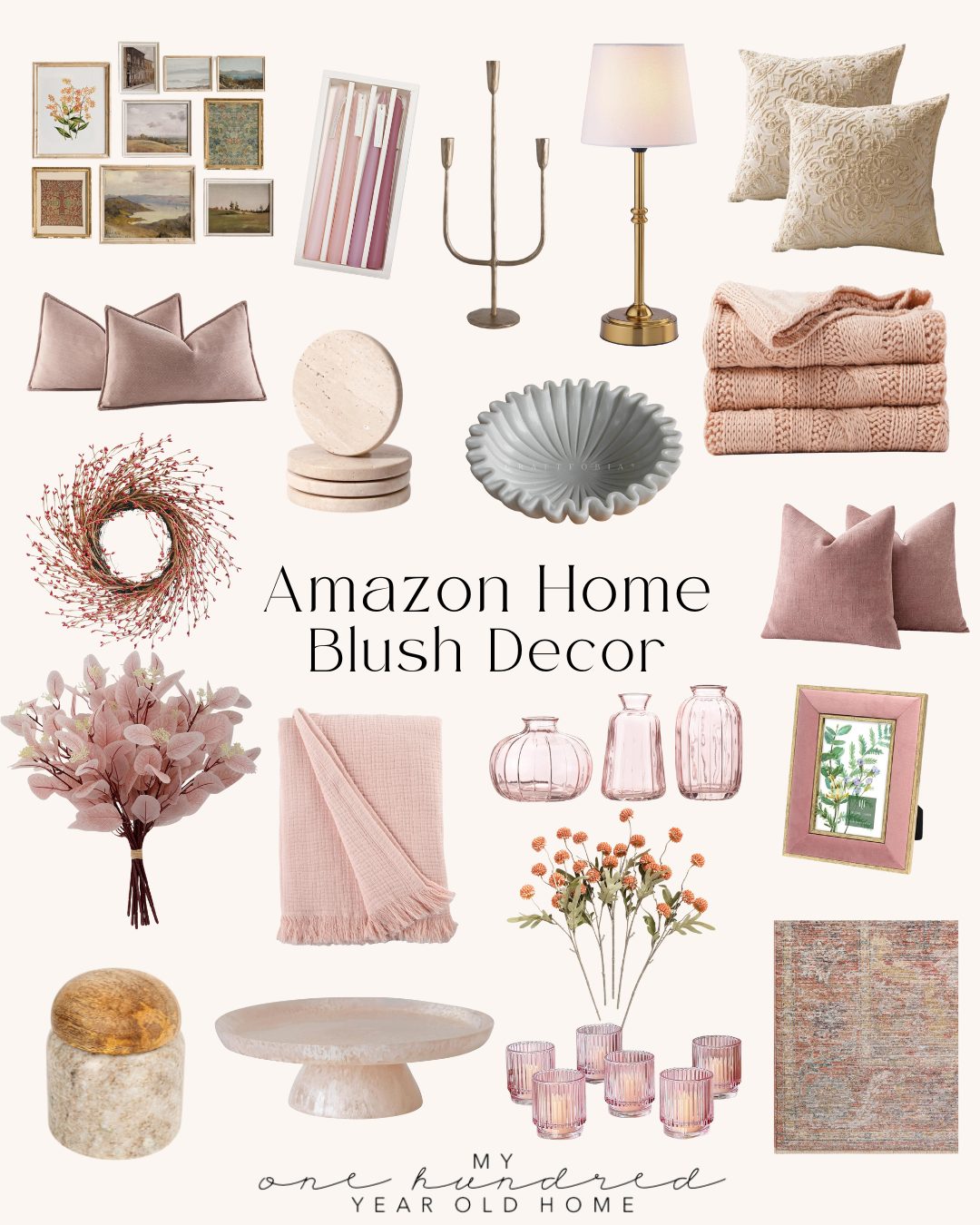 A collage of home decor items in blush tones, featuring pillows, candles, lamps, blankets, vases, and colored glassware. Wall art is labeled "Amazon Home Blush Decor.