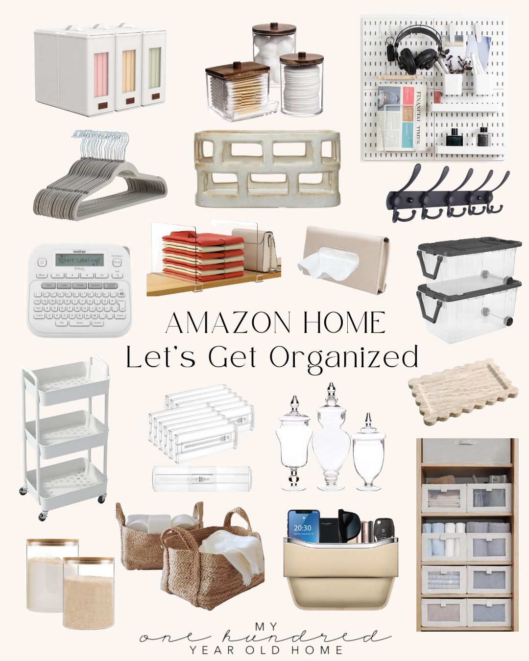 A collage of various home organization products including storage bins, hangers, baskets, a label maker, and kitchen containers, accompanied by the text "Amazon Home Let's Get Organized.