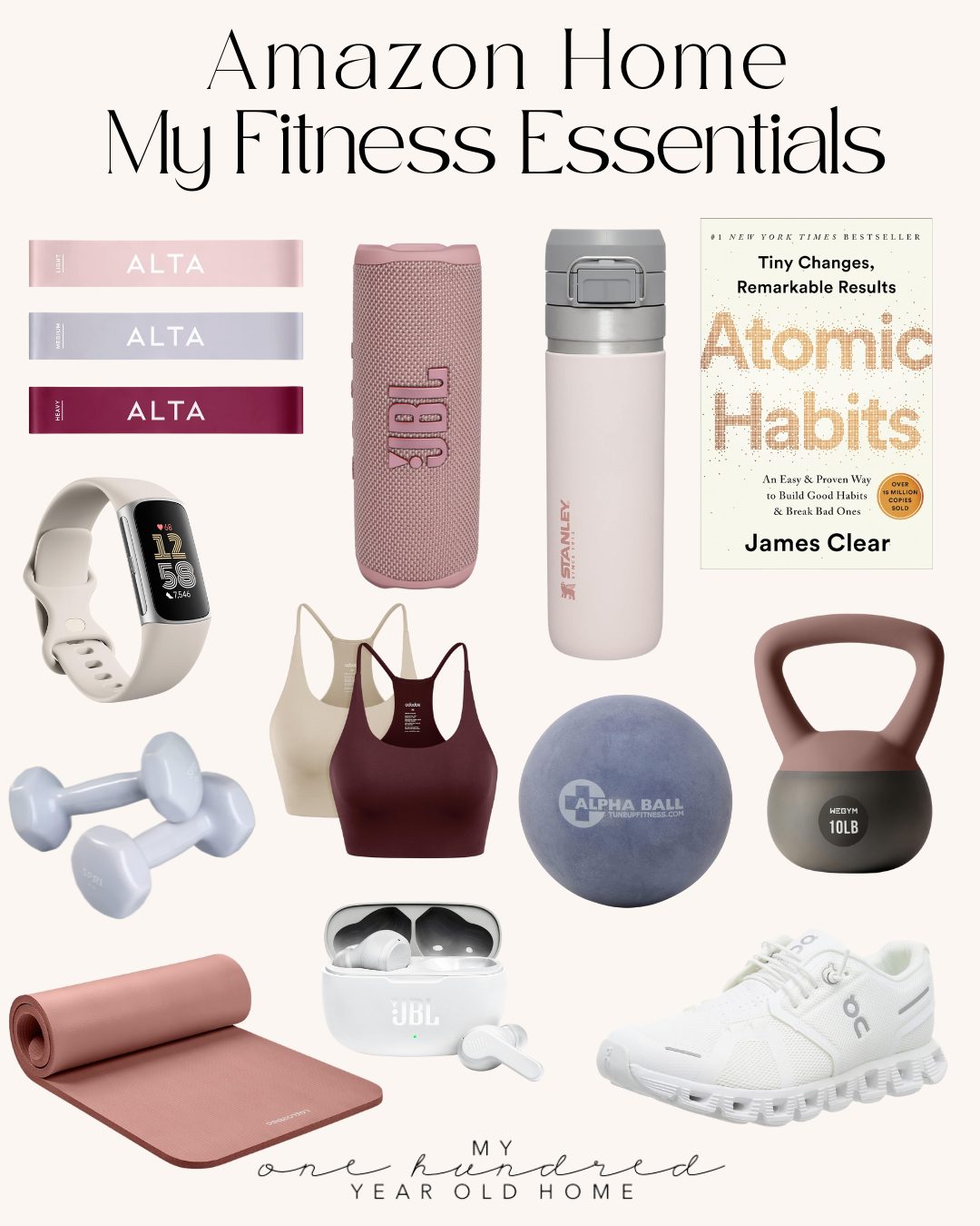 Fitness essentials collage featuring resistance bands, water bottles, a book titled "Atomic Habits," smart watch, dumbbells, sports bras, kettle bell, yoga mat, earbuds, and sneakers &ndash; everything you need for both the weight room and beyond.