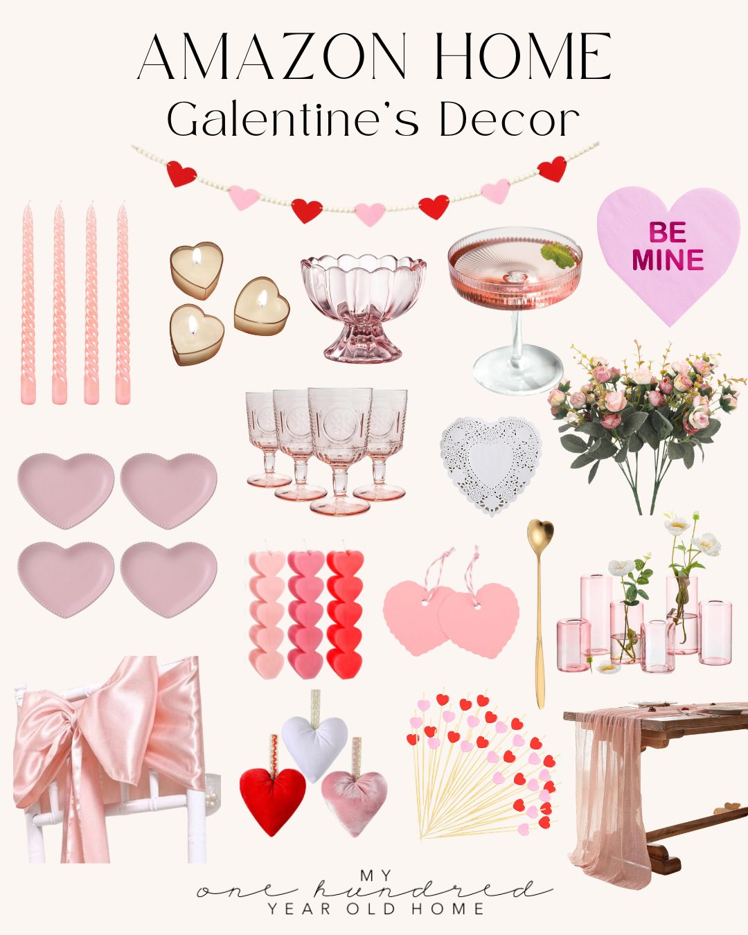 Collage of Galentine's Day decor items including candles, heart shapes, flowers, glassware, and decorative accents in pink and red tones.