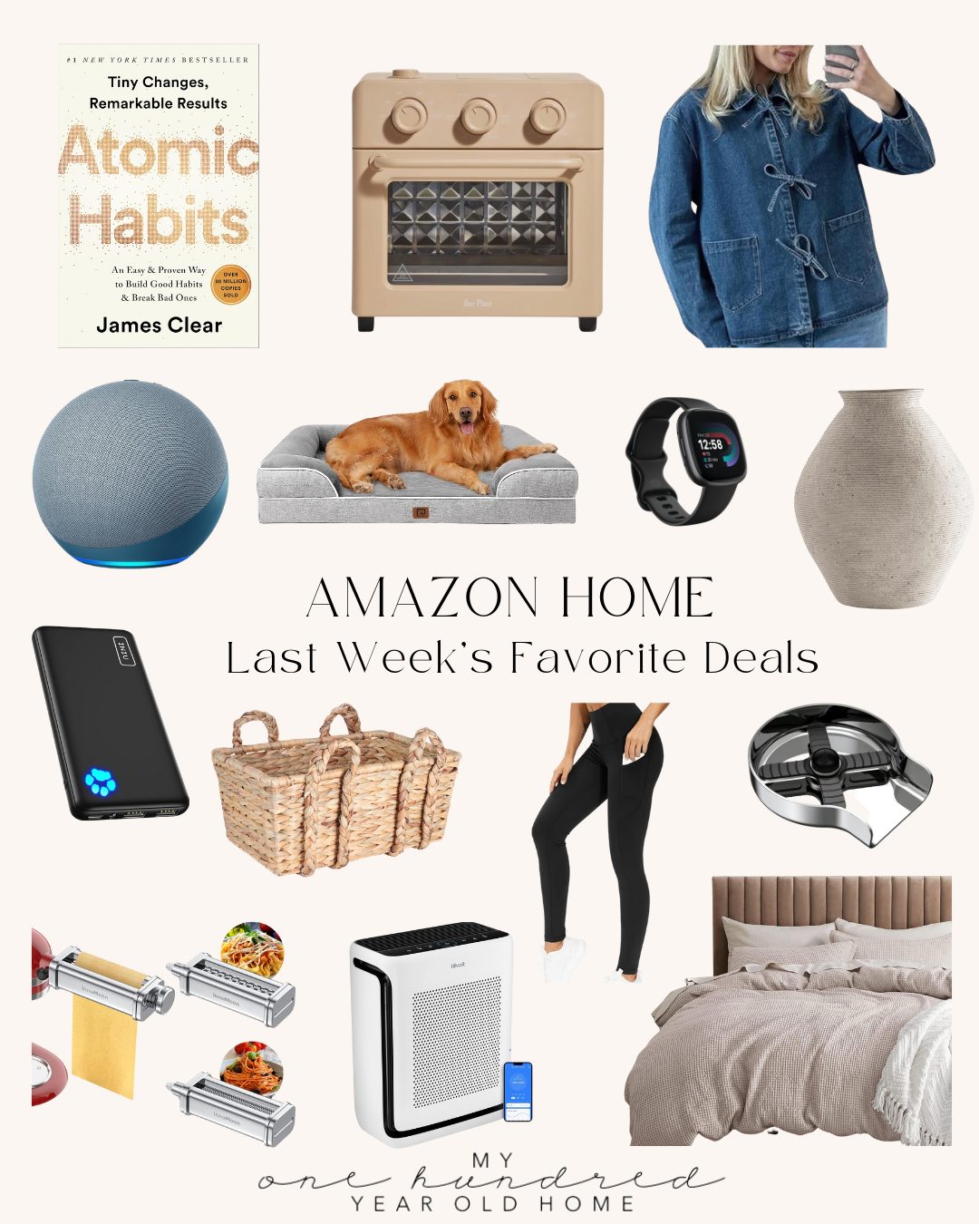 Collage of Amazon home deals including a book, heater, denim jacket, dog, exercise ball, smartwatch, power bank, wicker baskets, air purifier, bed set, noodle maker, and leggings.