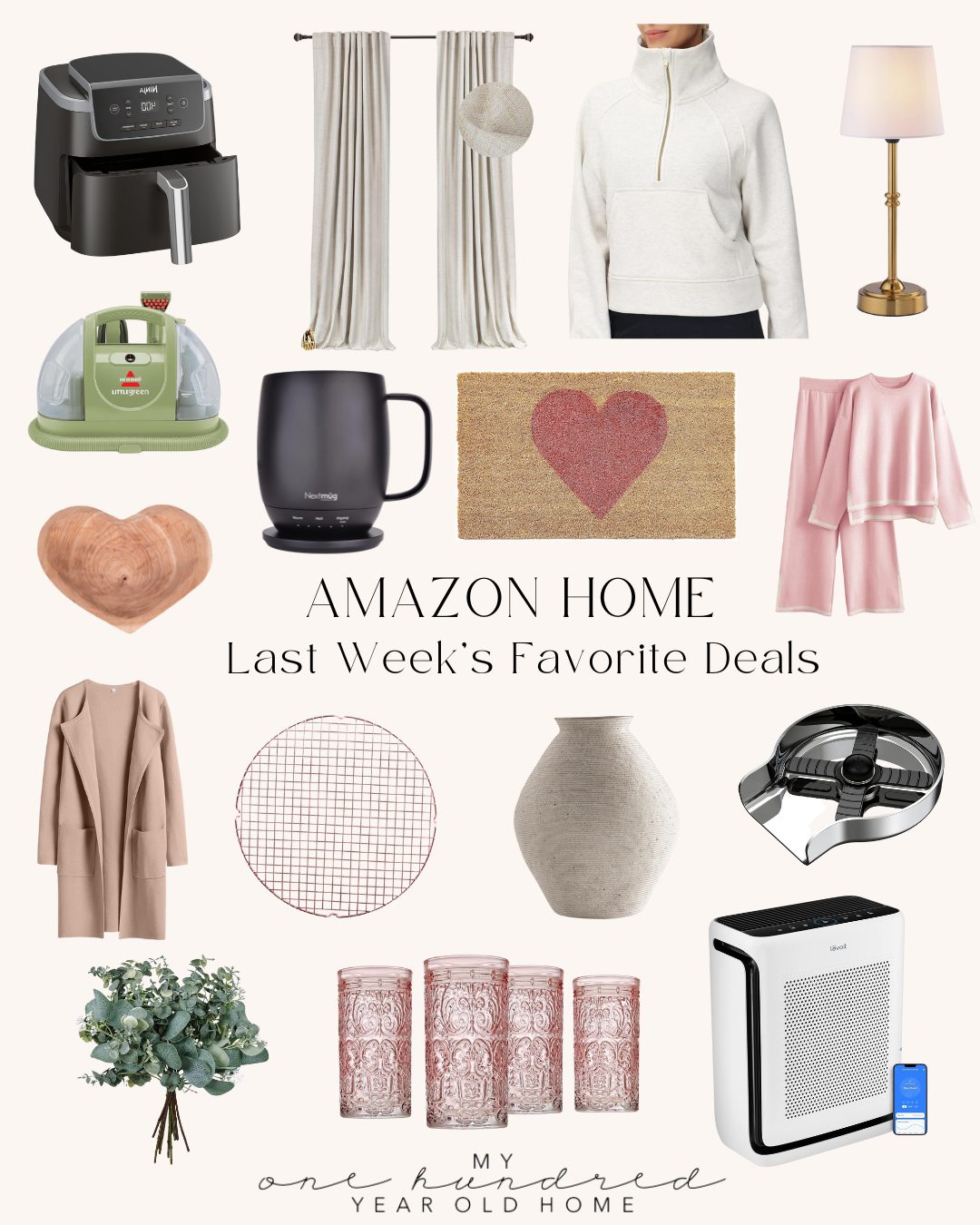 A collage of home items including an air fryer, curtains, sweater, lamp, leaf blower, mug, doormat, loungewear, cutting board, coat, rug, fan, air purifier, eucalyptus, and jars.