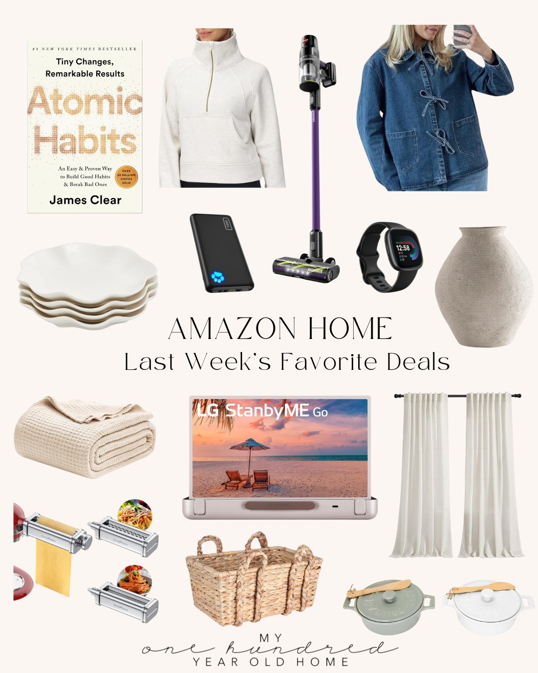 Collage of various Amazon home products, including a book, clothing, electronics, and decor items, with the text "Amazon Home Last Week's Favorite Deals.