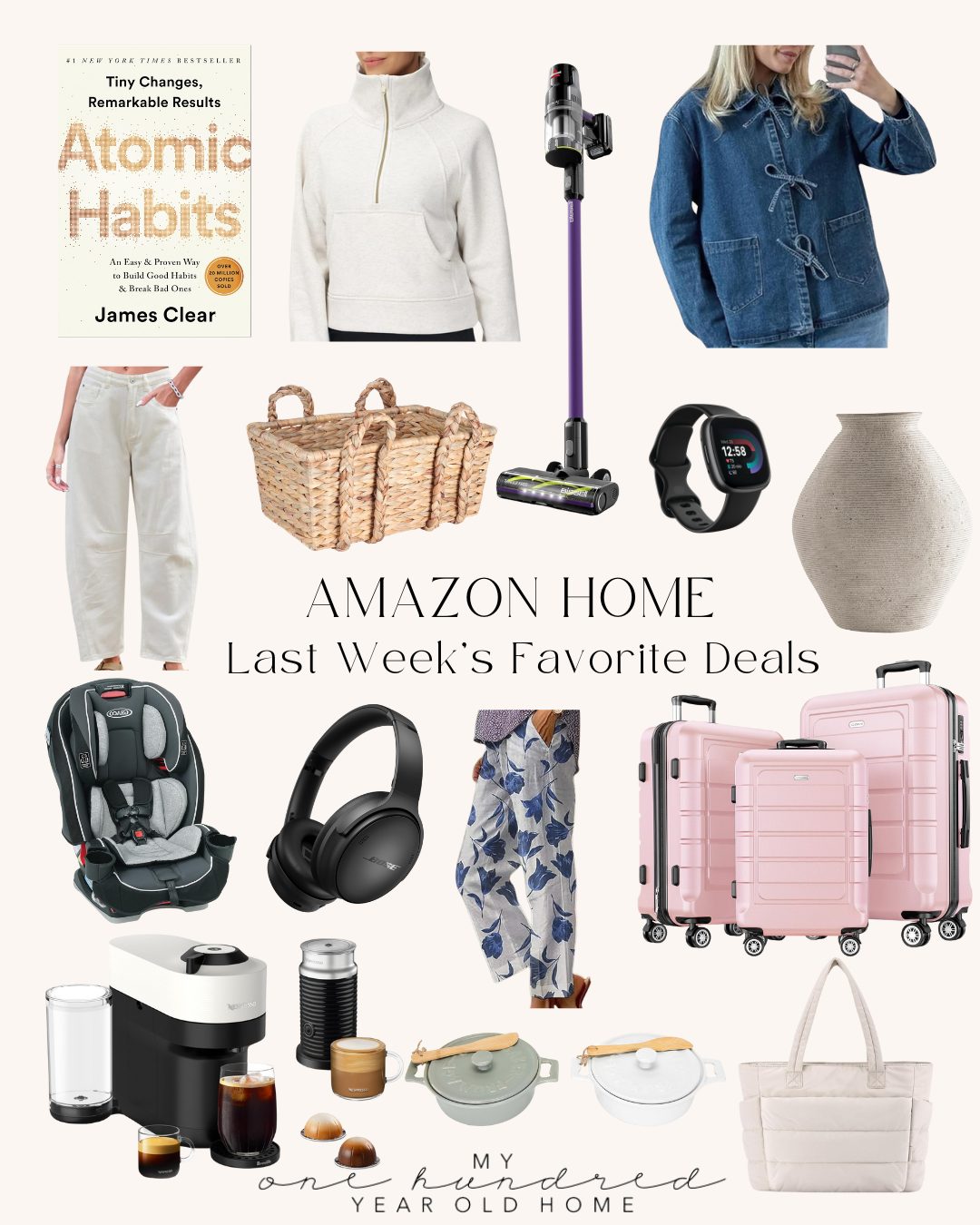 Collage of Amazon products including a book, clothing items, vacuum, headphones, vases, luggage, smartwatch, basket, and kitchenware, titled "Amazon Home Last Week's Favorite Deals.