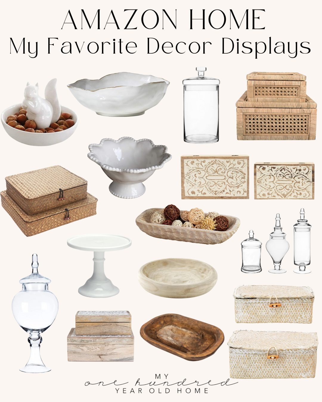 A collage of home decor items, featuring terracotta pots alongside jars, trays, baskets, and decorative bowls, all elegantly arranged on a beige background with the title "Amazon Home: My Favorite Decor Displays.