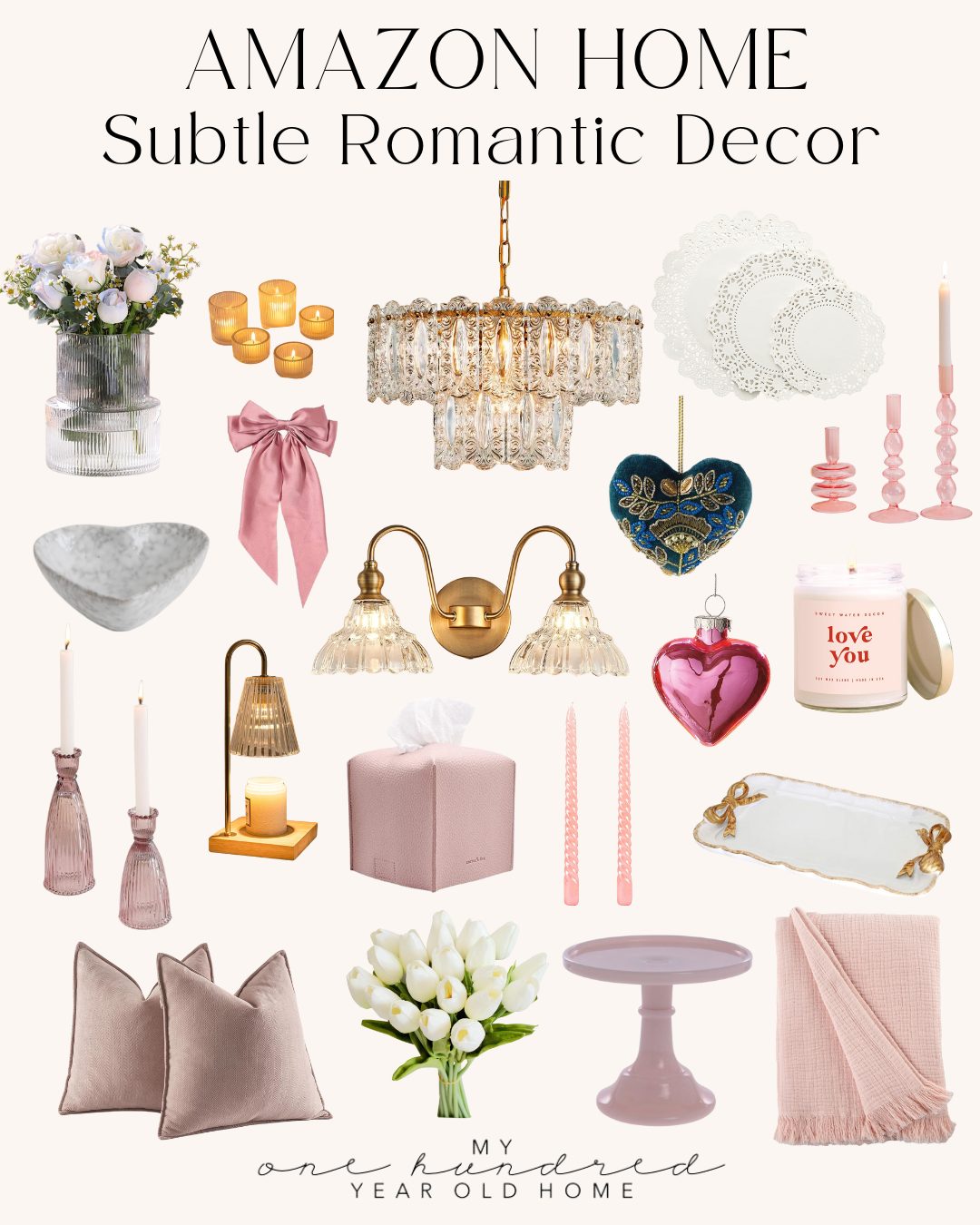 A romantic-themed collage of home decor items perfect for Valentine DIY projects. Features candles, a chandelier, dishes, pillows, flowers, and various decorations in pink and gold tones.