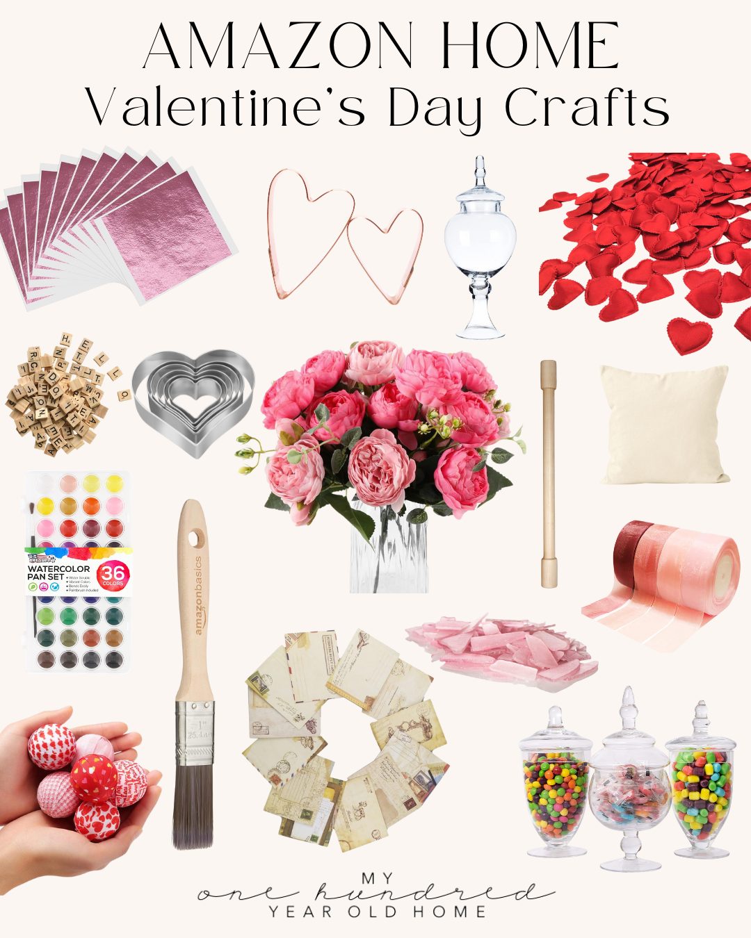 Collage of Valentine's Day craft supplies, featuring heart cutouts, paint set, pink roses, cookie cutters, ribbon, candy jars, dice, decorative items, and charming Valentine's Day cookie boxes.