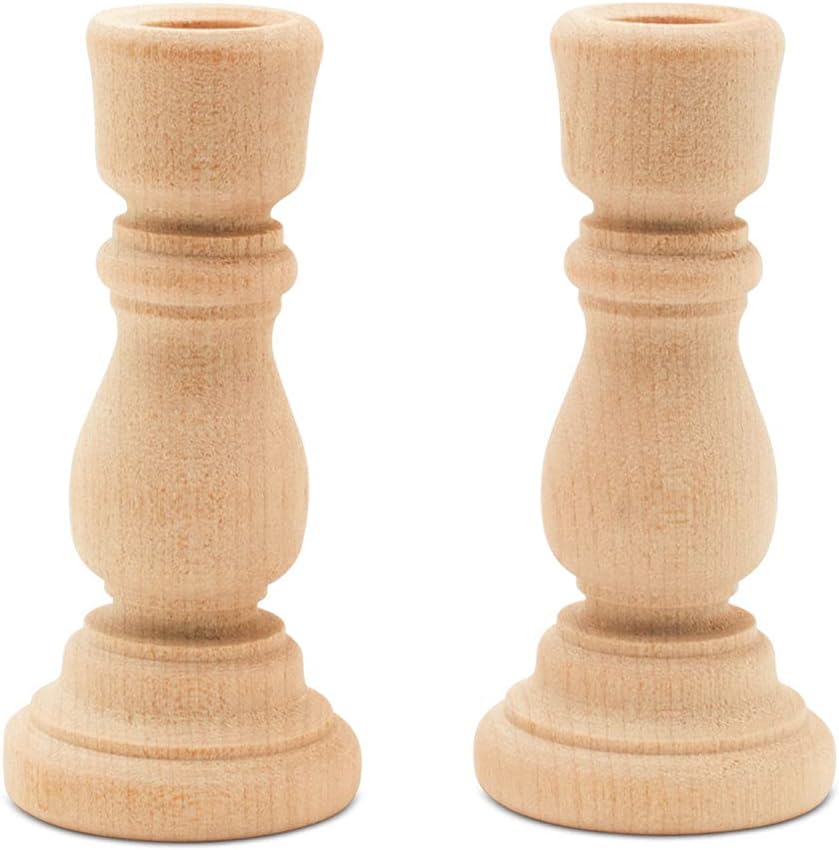 Two unfinished wooden candlestick holders with a simple, classic design, placed side by side on a white background—perfect for adding a natural touch to your spring decor.