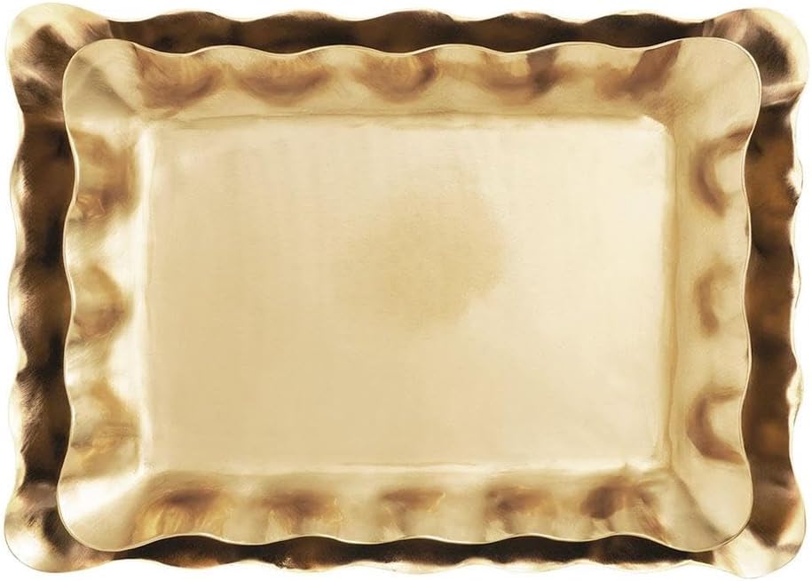 A rectangular gold tray with scalloped edges and a metallic finish, perfect for displaying your Easter Eggs DIY creations, viewed from above against a white background.