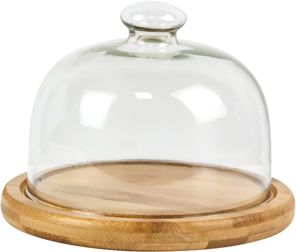 A round wooden serving tray with a transparent glass dome cover and a knob handle on top, perfect for displaying flower cookies in style.