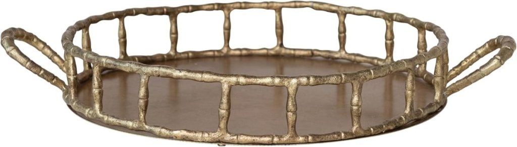 A round metal serving tray with two handles and a raised, openwork rim designed to resemble bamboo&mdash;perfect for displaying your Easter Eggs DIY creations.