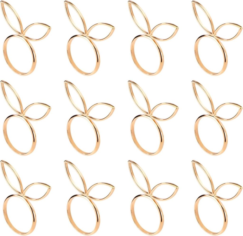 Twelve gold rings with two leaf-shaped extensions arranged in a 3x4 grid pattern on a white background, perfect for stylish Easter decor.