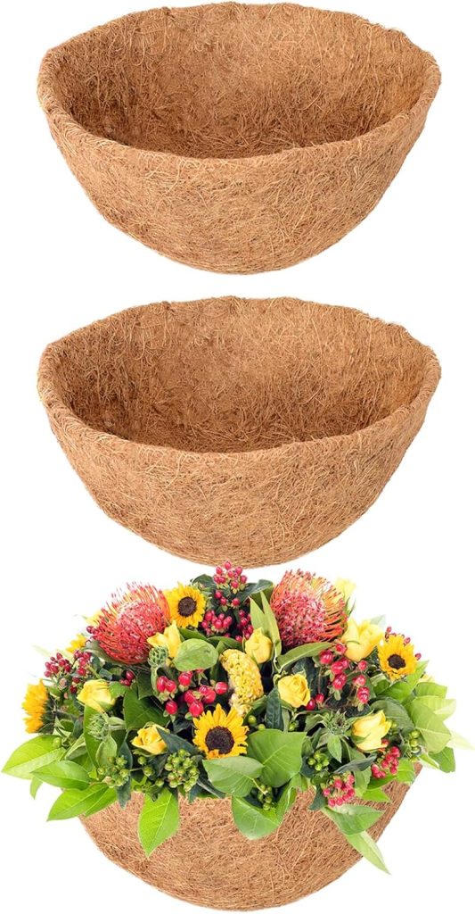 Three brown coconut fiber planter liners are shown; the bottom liner, designed for hanging planters, contains a colorful arrangement of flowers and greenery.