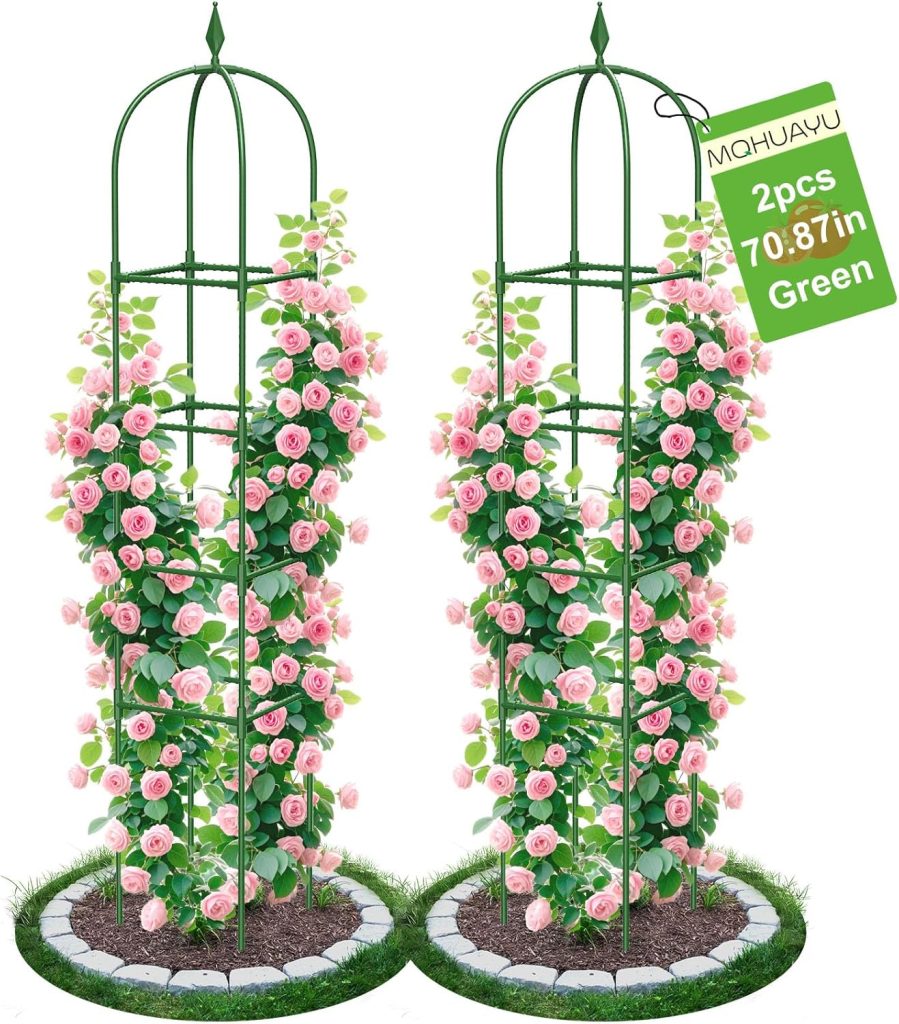 Two tall green metal garden trellises support climbing pink roses, perfect for adding vertical interest to your kitchen garden. Shown as a pair with a labeled sign indicating "2pcs 70.87in Green.