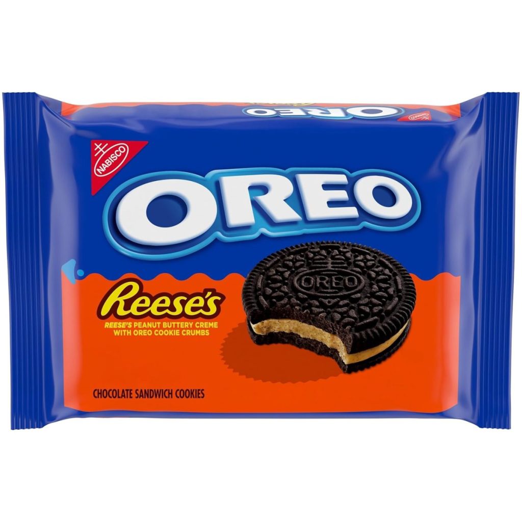 A package of Oreo cookies with Reese's peanut butter creme filling, showing a cookie with a bite taken out of it on the front.