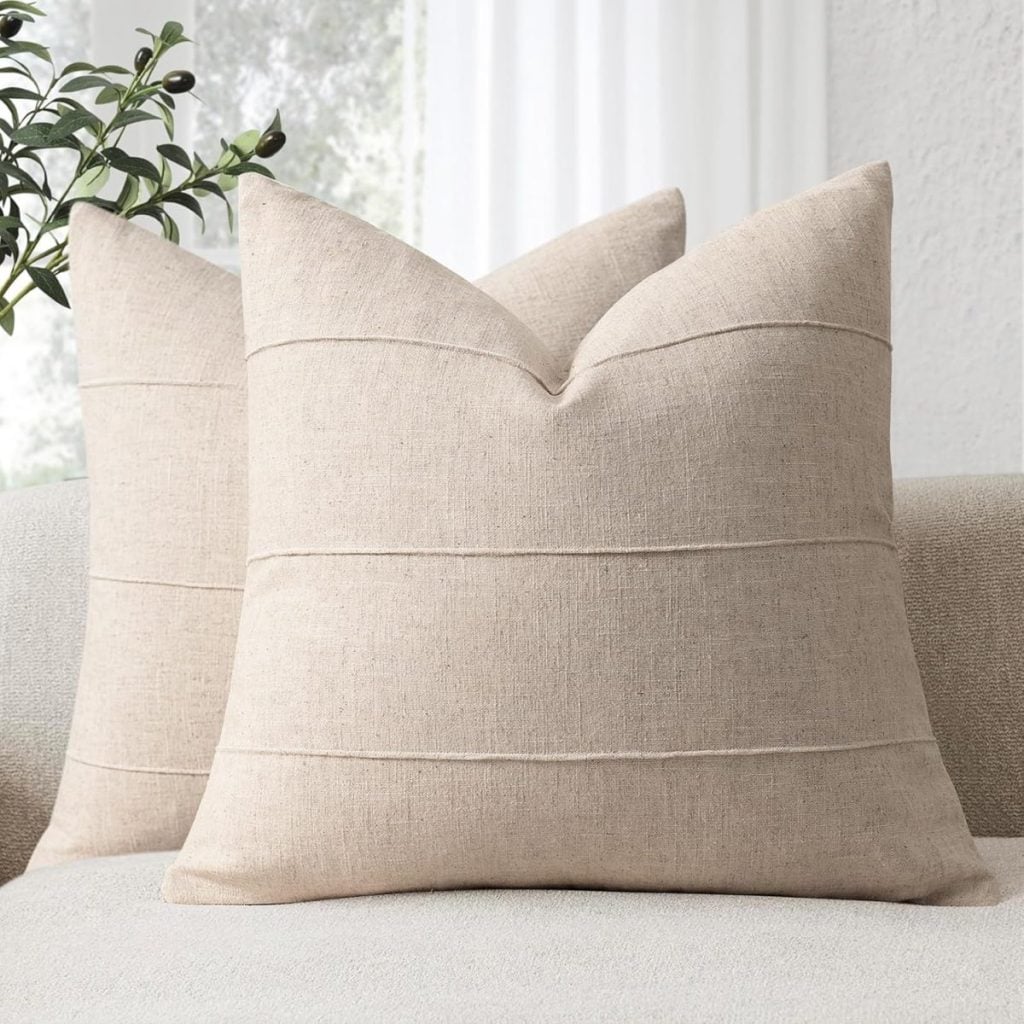 Two beige throw pillows with horizontal stitched lines, featuring Pottery Barn pillow covers, are placed on a light-colored sofa, with a leafy plant and window in the background.