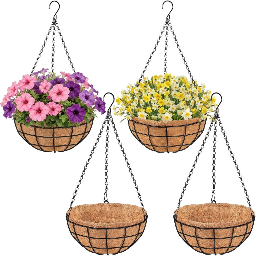 Four hanging planters with coir liners dangle from metal chains; two brim with colorful flowers while the other two remain empty, ready to be filled.