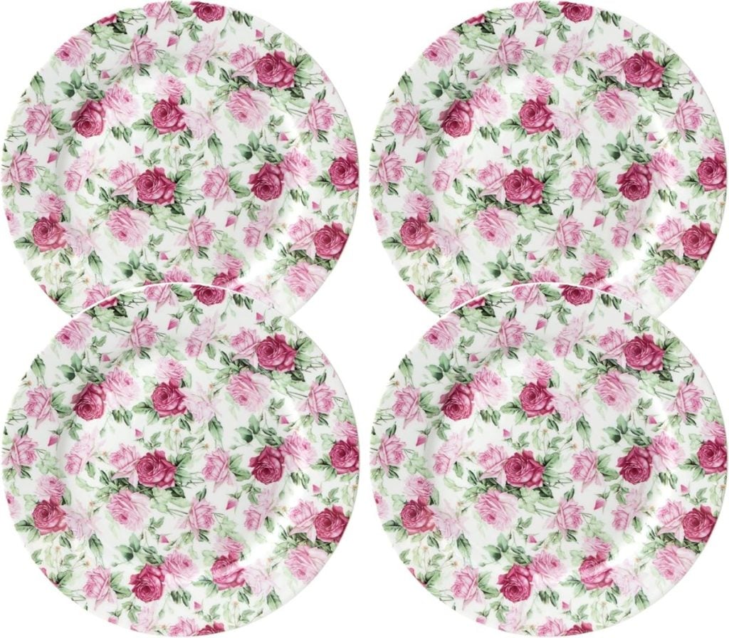 Four round plates with a floral pattern featuring pink and red roses with green leaves on a white background, arranged in a two-by-two grid&mdash;perfect for adding a touch of spring decor to your table setting.
