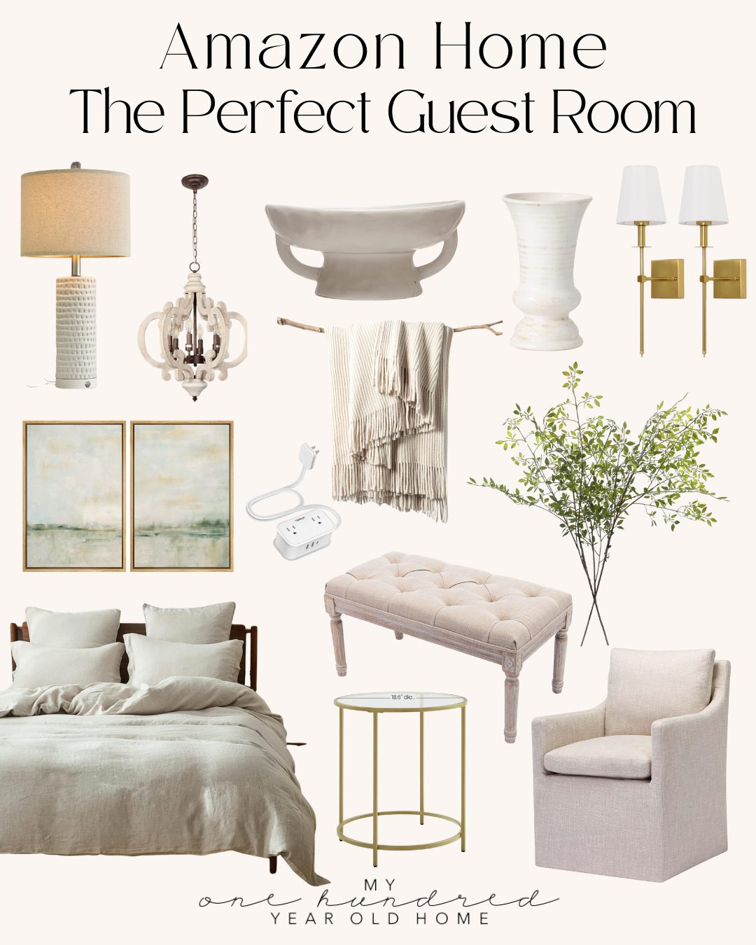 Collage of home decor items for a bedroom makeover, featuring essentials like a bed, lamp, wall art, chandelier, side table, chair, vases, sconces, greenery, power strip, and bench to transform your guest room into a cozy haven.
