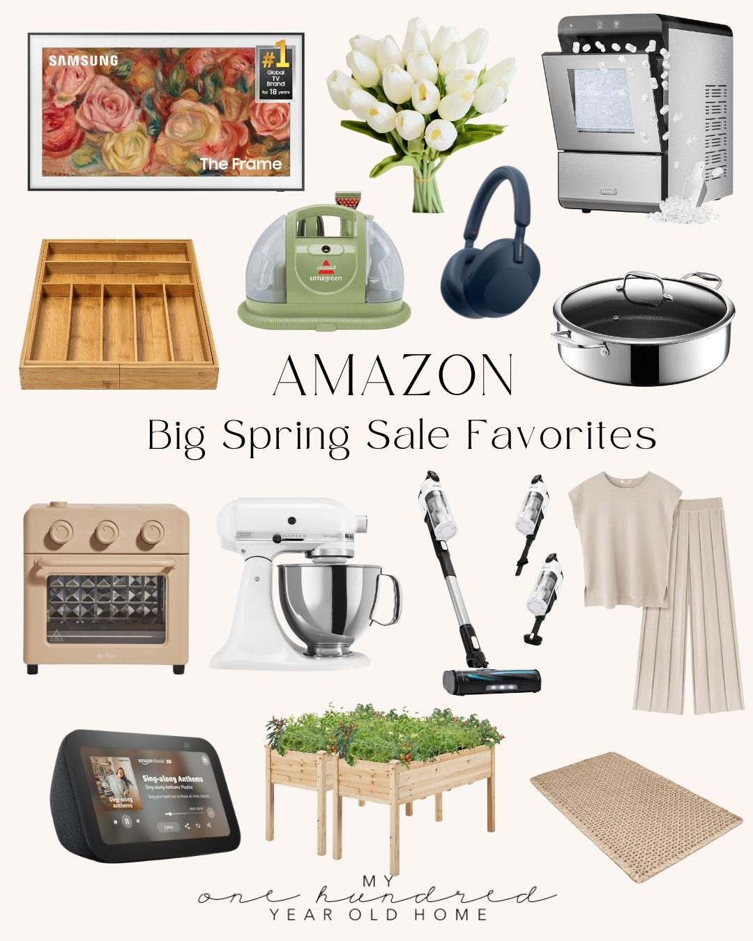 Collage of various home and kitchen items labeled "Amazon Prime Big Spring Sale Favorites," featuring electronics, kitchenware, and furniture.