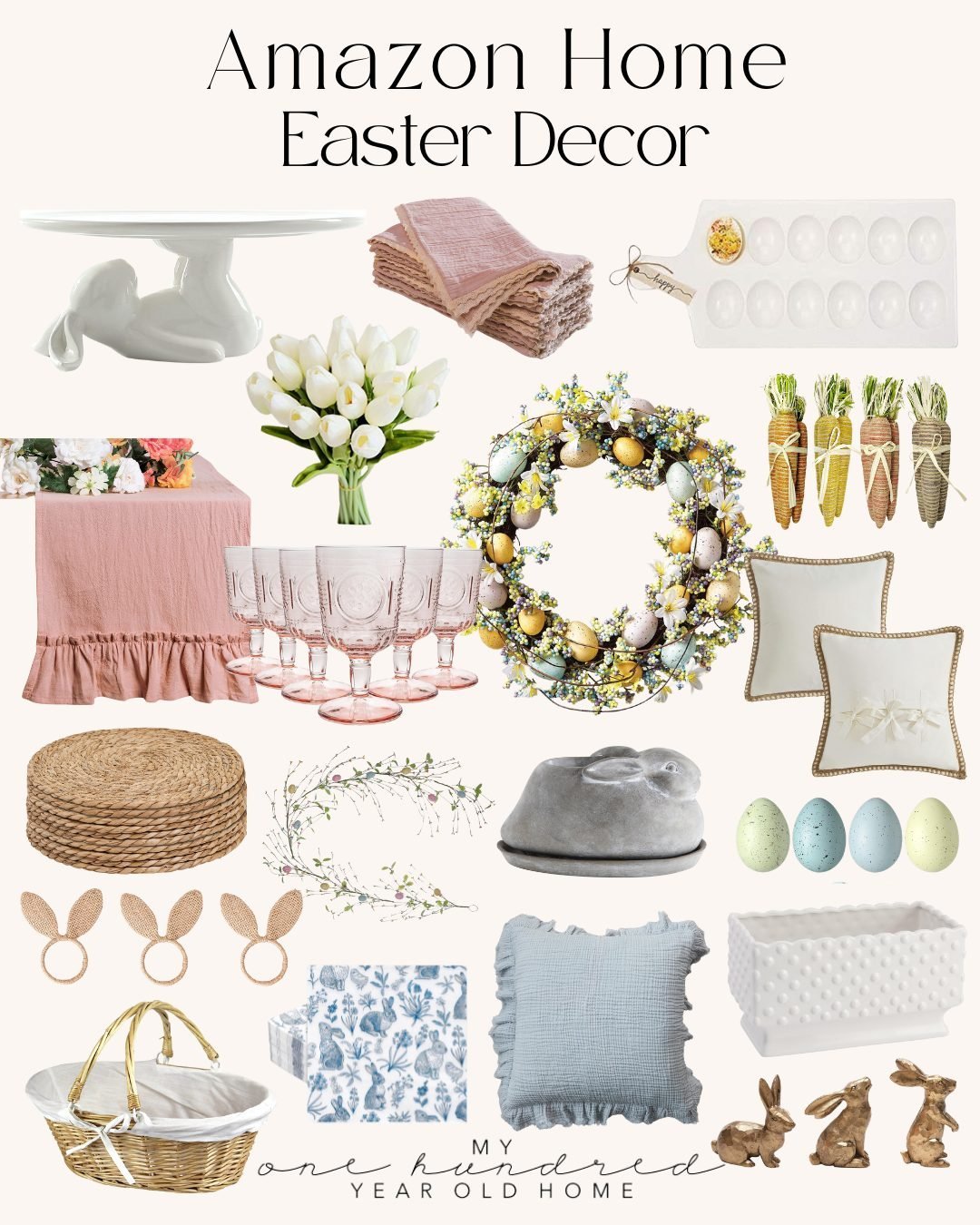 A collage of vibrant Easter decor items, featuring a rabbit cake stand, wreath, eggs, bunny napkin rings, tableware, pillows, and a basket in delightful Easter colors. The text "Amazon Home Easter Decor" graces the top.