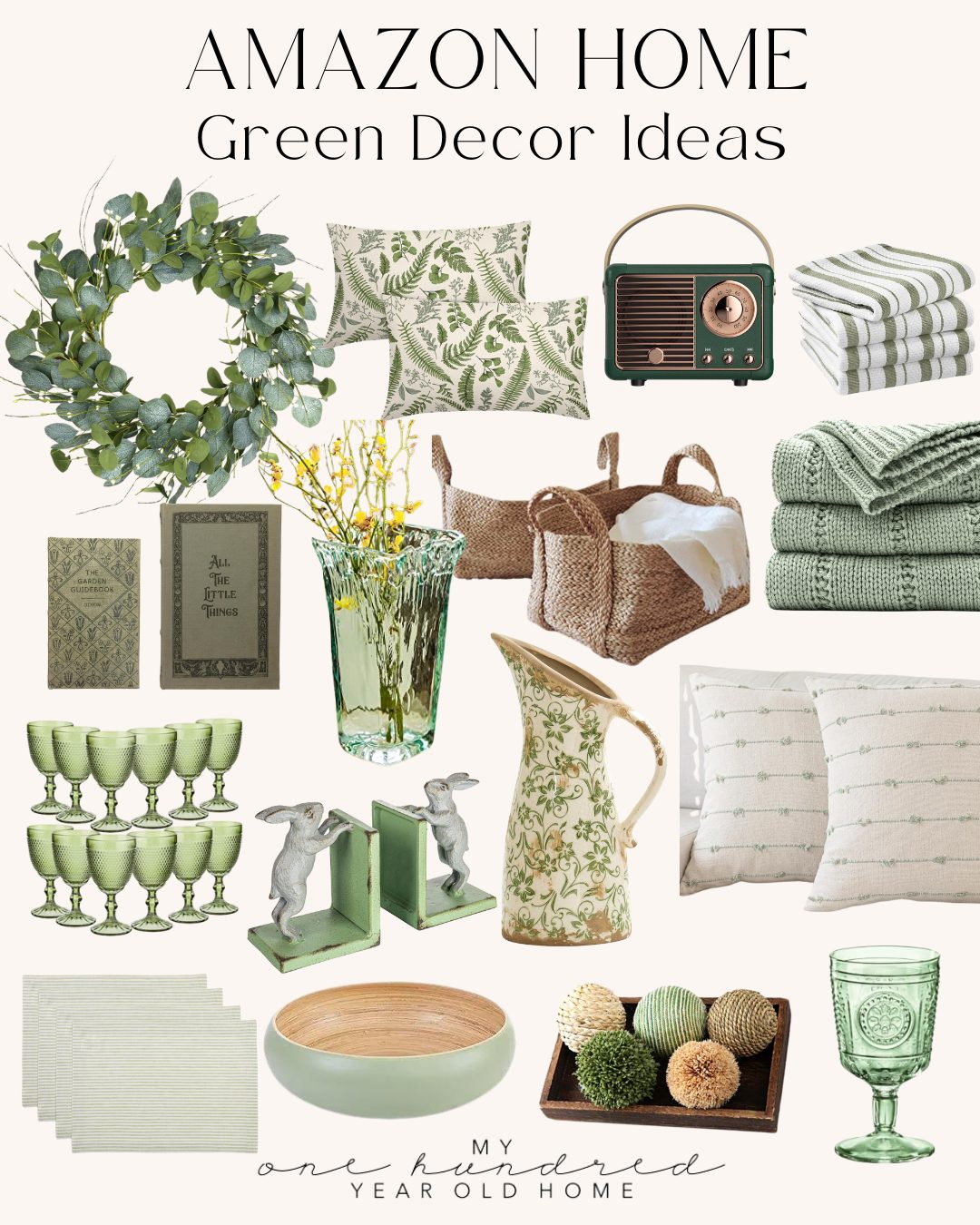 Collage of various green-themed home decor items, perfect for an Airbnb in Waco, including a wreath, radio, towels, baskets, vases, and glassware.