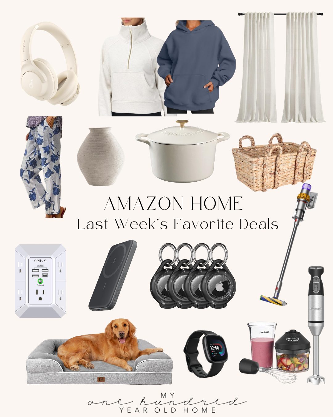 Collage of Amazon home products including clothing, headphones, curtains, vases, baskets, smart plug, phone stand, trackers, vacuum, hand blender, dog, and smartwatches. "Last Week's Favorite Deals.
