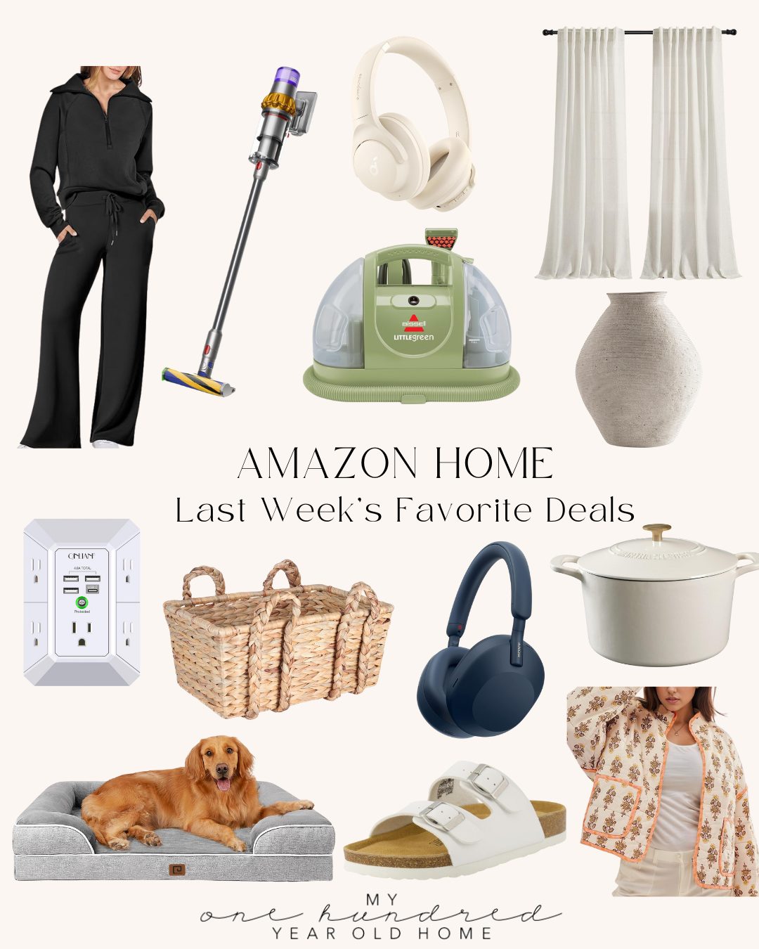 Collage of home products including clothing, headphones, a vacuum, cleaning appliance, vase, outlet, baskets, dog bed, cookware, sandals, curtains, and a model wearing floral apparel.