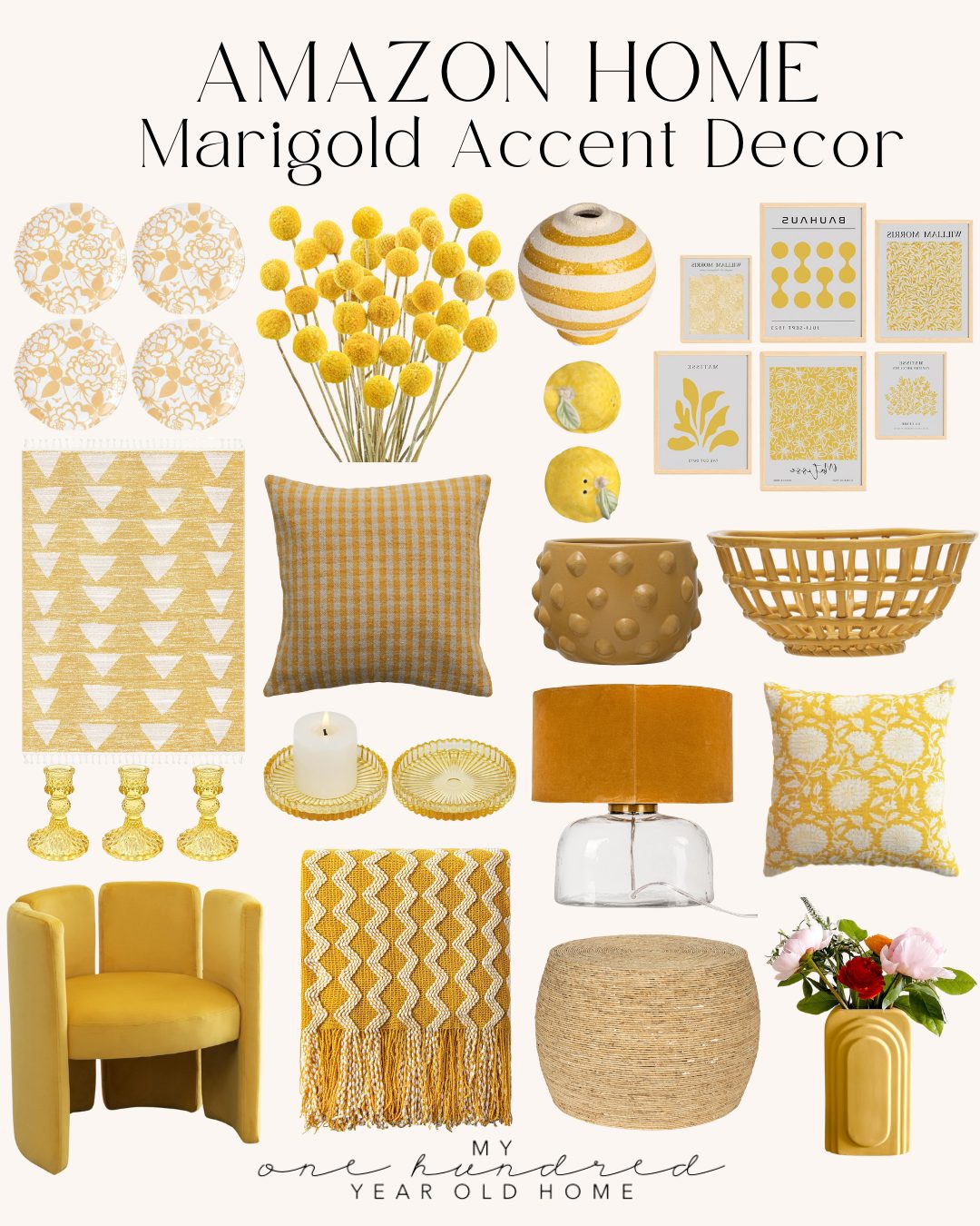 Collage of marigold and lemon accent decor items, including pillows, wall art, vases, a throw blanket, and a small lamp, displayed on a white background.
