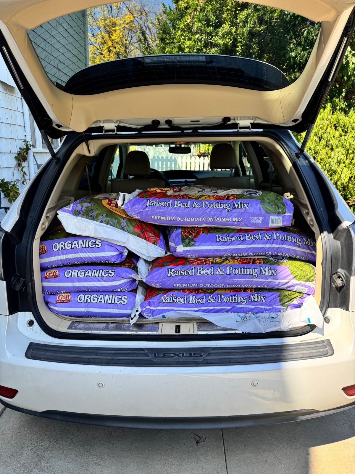 Open SUV trunk filled with multiple bags of raised bed and potting mix, labeled as "Organics," resting on a driveway.