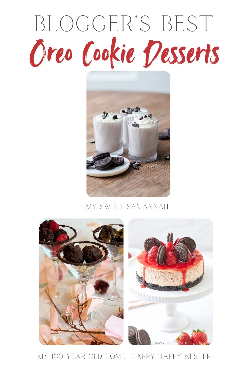 Three Oreo dessert images: Oreo milkshakes, Oreo parfaits with strawberries, and an Oreo cheesecake topped with strawberries.