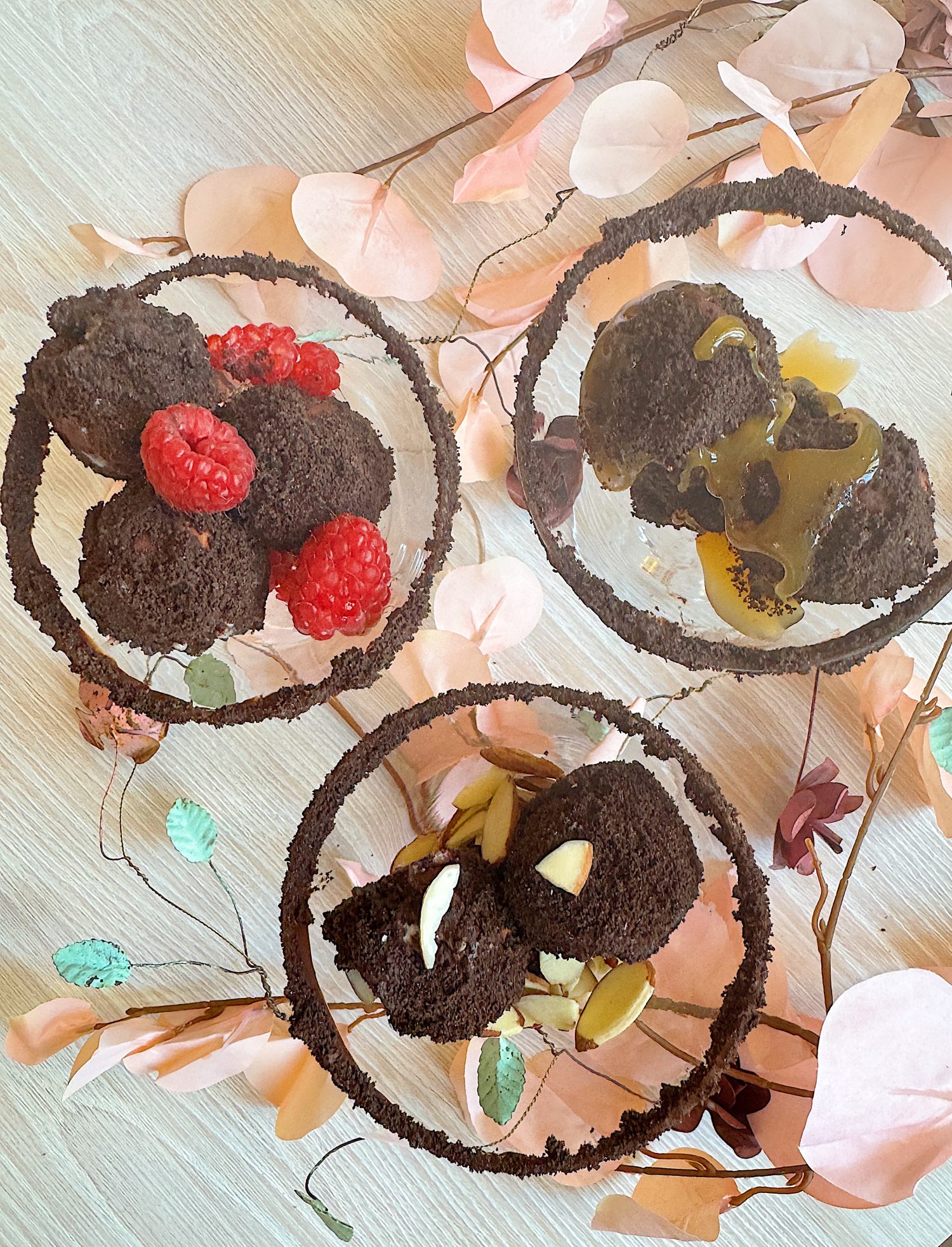 Three dessert bowls with chocolate truffles, garnished with raspberries, nuts, and caramel, surrounded by decorative leafy branches on a wooden surface.
