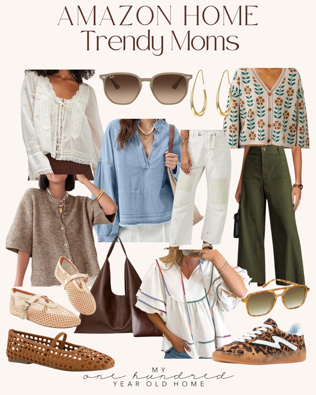 A collage displaying various women's clothing and accessories, including blouses, pants, shoes, a bag, sunglasses, and earrings, labeled "Amazon Home Trendy Moms.