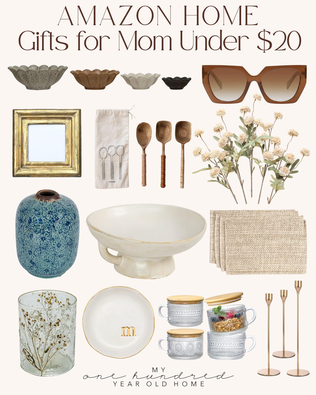 A collage of affordable home gift items under $20 for moms from Amazon, including decor, kitchenware, sunglasses, utensils, napkins, and faux flowers.
