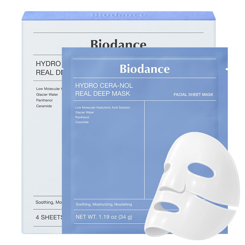 A Biodance Hydro Cera-Nol Real Deep Mask box and single sheet mask packet with a white facial sheet mask displayed in front&mdash;perfect for pampering your skin before Easter Brunch.