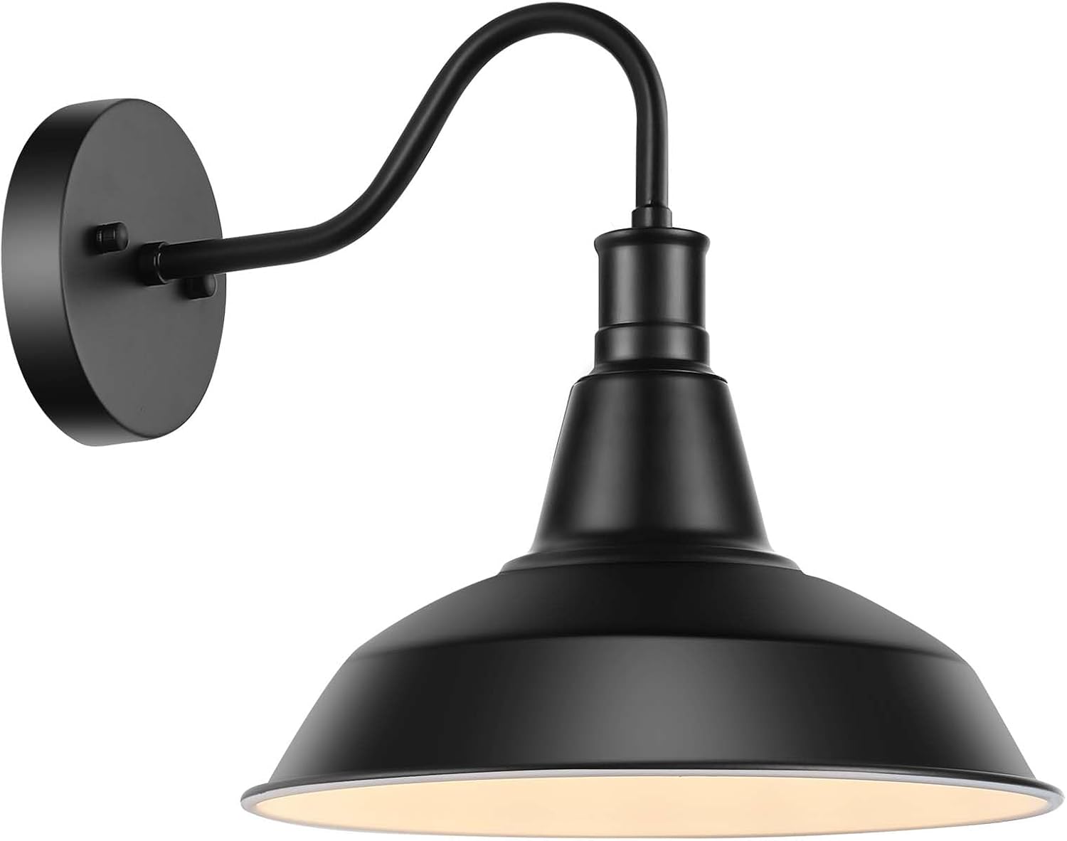 Black metal wall-mounted sconce light with a downward-facing shade, curved arm, and round wall plate, illuminated—perfect for adding modern charm to your Airbnb in Waco.