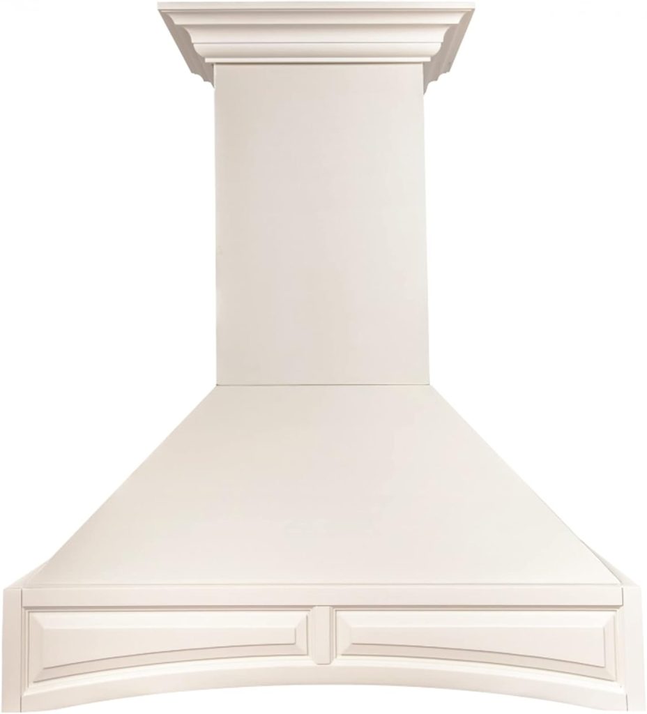 A white, wall-mounted range hood with a decorative crown molding top and a wide, angled lower section—perfect for adding Airbnb Waco charm to your kitchen.