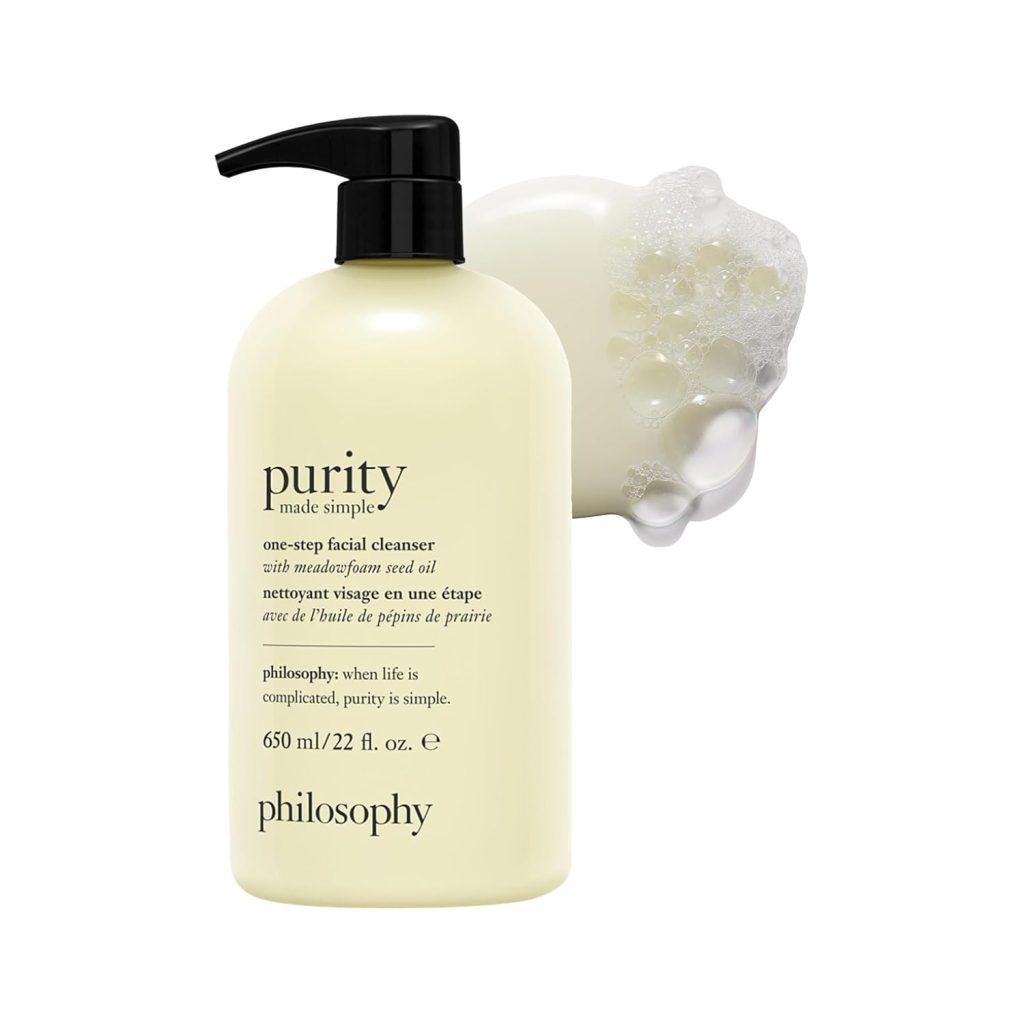 A bottle of Philosophy Purity Made Simple one-step facial cleanser with a pump, shown next to a foamy cleanser texture&mdash;perfect for refreshing your skin before an Easter Brunch glow-up.