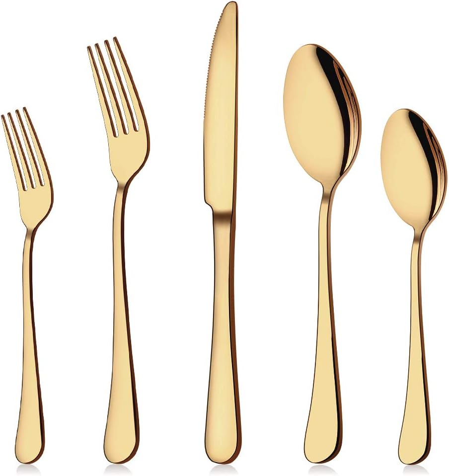 Five gold-colored utensils&mdash;a salad fork, dinner fork, knife, soup spoon, and teaspoon&mdash;are arranged in a row, inspiring elegant table settings and creative paper craft ideas for your next event.