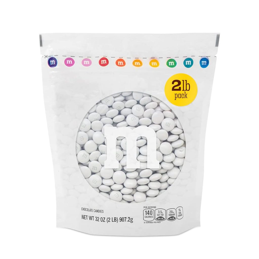 A 2-pound resealable bag of white M&M's chocolate candies, featuring oyster shell-inspired hues and a clear window on the front to showcase the candies inside.