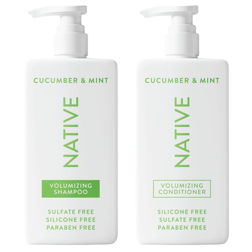 Two white pump bottles of Native Cucumber & Mint Volumizing Shampoo and Conditioner, labeled as silicone free, sulfate free, and paraben free&mdash;perfect for refreshing your hair before your Easter Brunch plans.