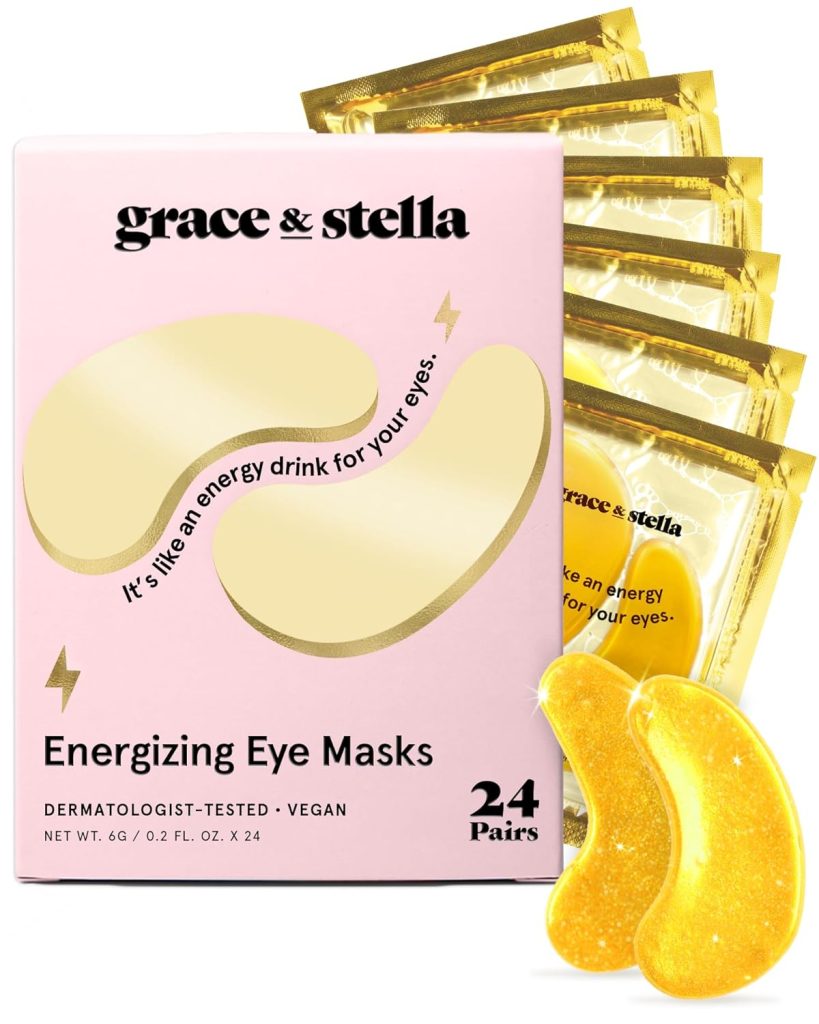 Grace & Stella Energizing Eye Masks package with 24 pairs shown, individual gold packets displayed alongside two gold, crescent-shaped masks&mdash;perfect for refreshing your look before an Easter Brunch.