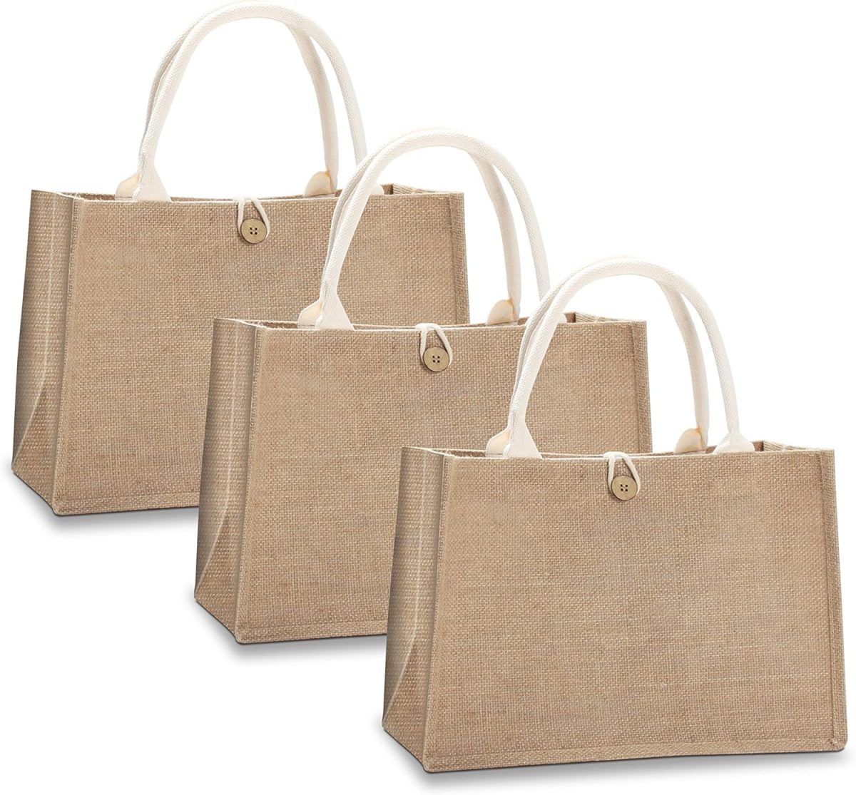 Three beige jute tote bags with white handles and button closures are arranged in a row against a white background.