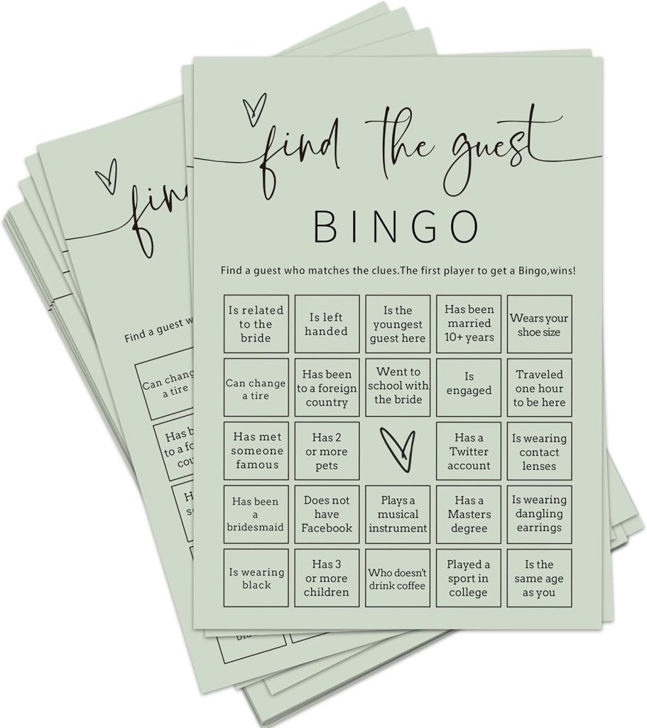 A stack of "Find the Guest Bingo" cards featuring prompts like "Has traveled to another country"&mdash;a fun activity for guests as they mingle and search for matches at an event, perfect alongside unique bridal shower gifts.