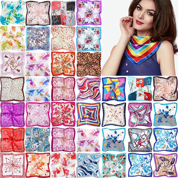 A woman wearing a multicolored scarf is shown next to an array of neatly arranged square scarves in various colorful patterns and designs, some featuring playful Easter eggs.