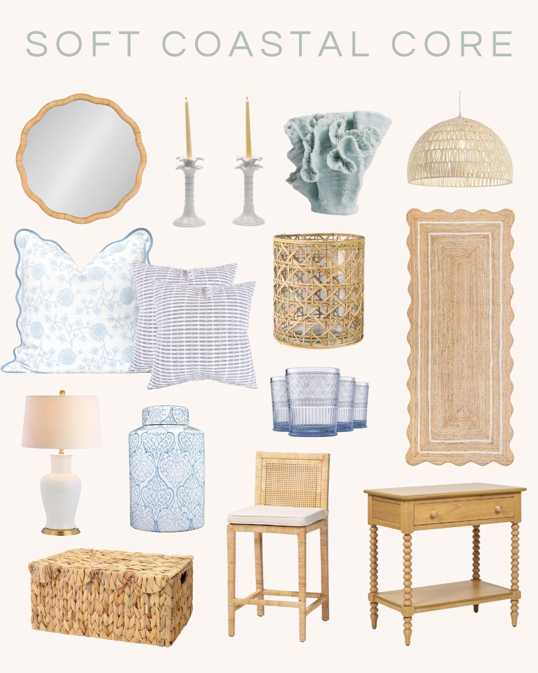 Collection of coastal-themed decor items, including wicker baskets, a mirror, candles, pillows, lamps, a rug, and a small table. Predominantly soft blues, whites, and natural wood tones.
