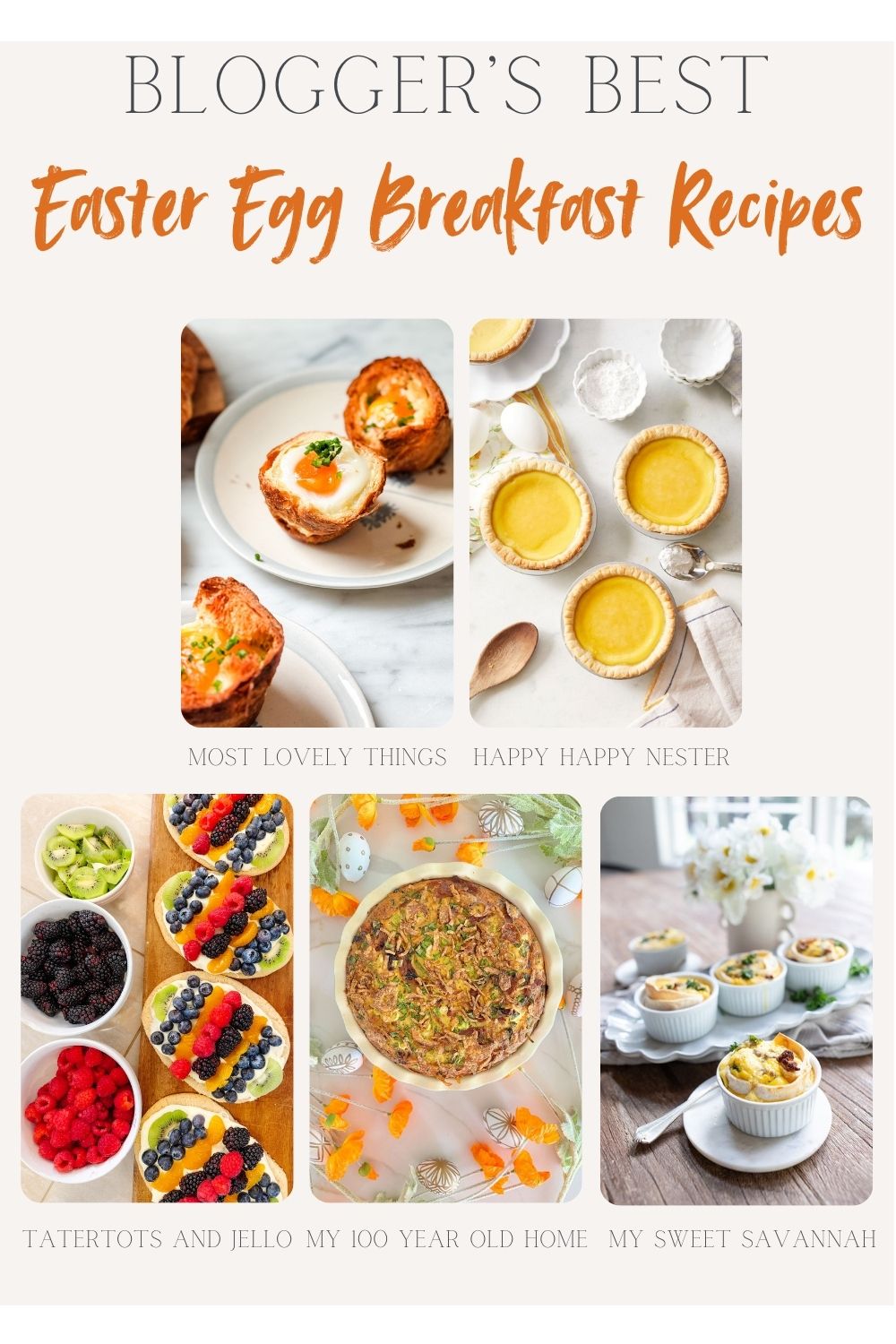 Collage of Easter egg breakfast recipes featuring bread cups, tarts, berry pastries, a casserole, and egg muffins from various bloggers.