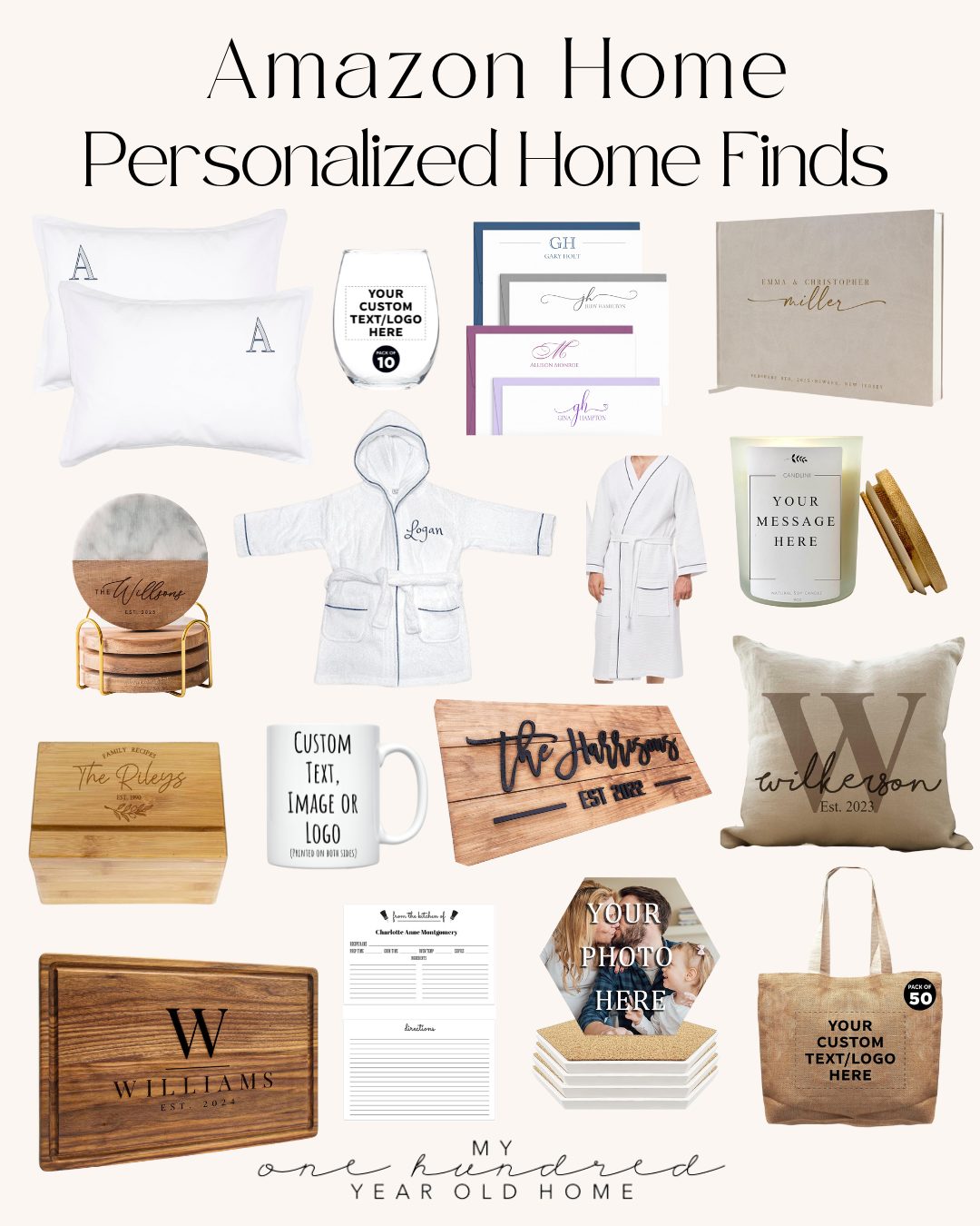Explore our collection of personalized home items, crafted to bring a unique touch to your space. From pillows and robes to stationery, mugs, and cutting boards, each piece can be customized with text or logos&mdash;making it the perfect name for your home essentials.
